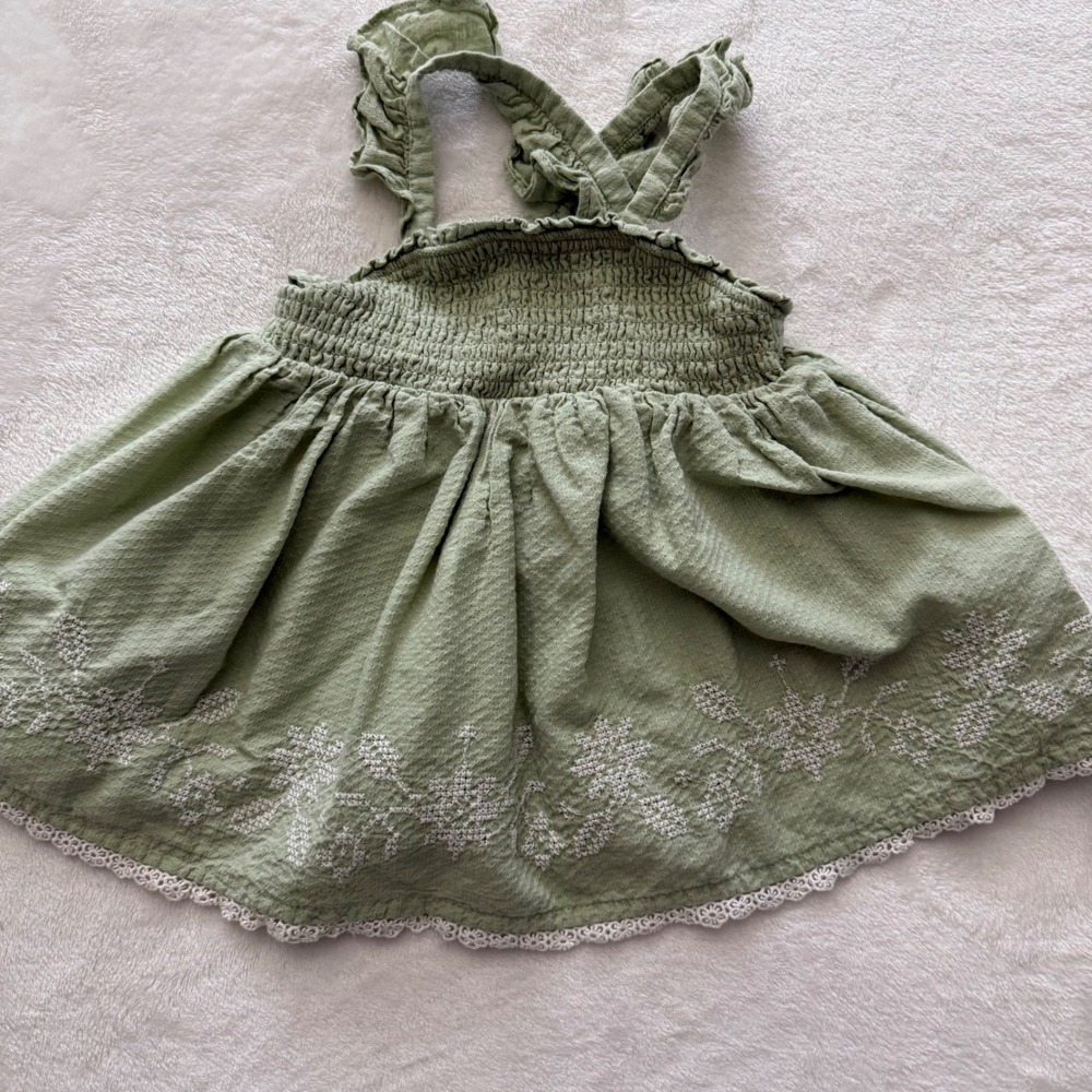 Rachel Zoe Girls Green Smocked Embroidered Dress Ruffle Straps Size 4T